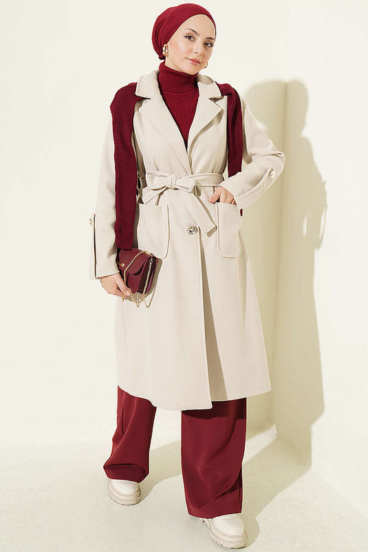 Cappotto A Quadri Beige Con Bottoni E Cintura