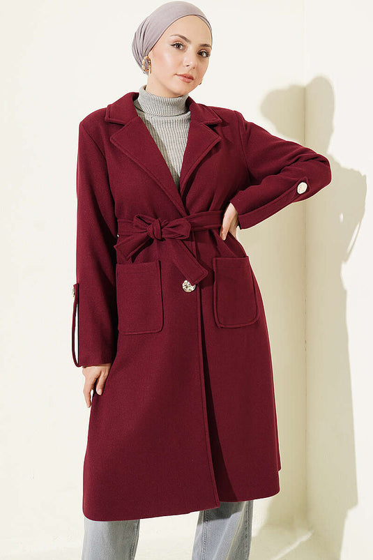 Cappotto Di Lana Borgogna Con Bottoni E Cintura