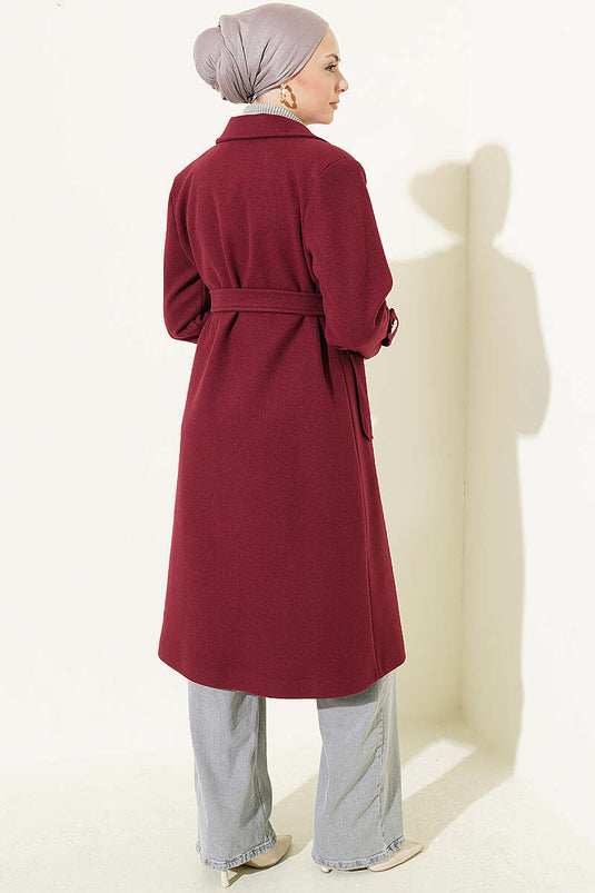 Cappotto Di Lana Borgogna Con Bottoni E Cintura