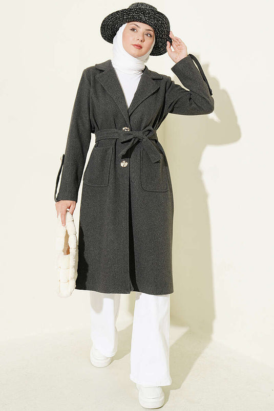 Cappotto In Lana Grigia Con Bottoni E Cintura