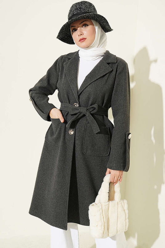 Cappotto In Lana Grigia Con Bottoni E Cintura