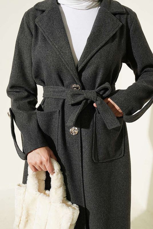 Cappotto In Lana Grigia Con Bottoni E Cintura