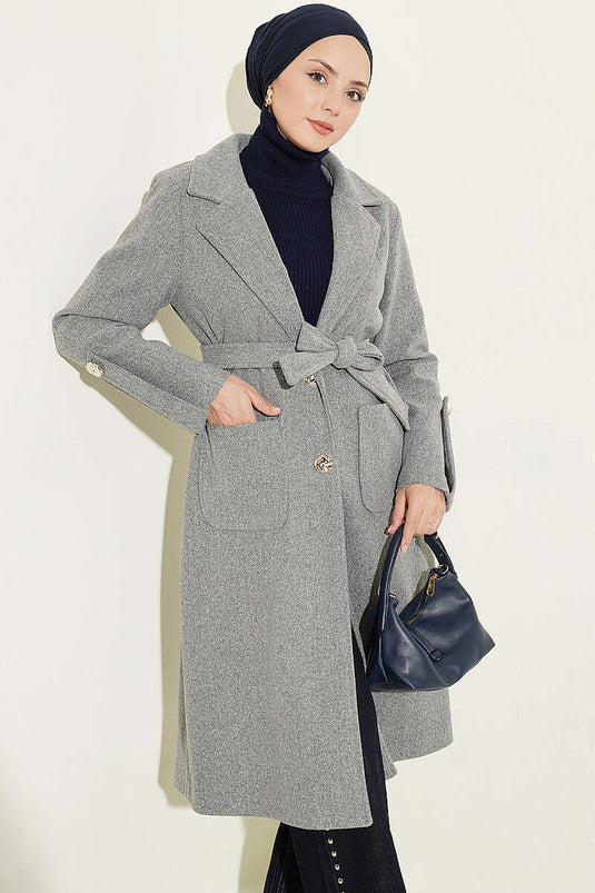 Cappotto Di Lana Grigio Con Bottoni E Cintura