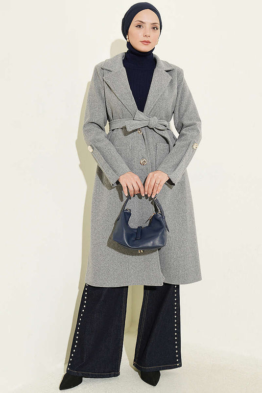 Cappotto Di Lana Grigio Con Bottoni E Cintura