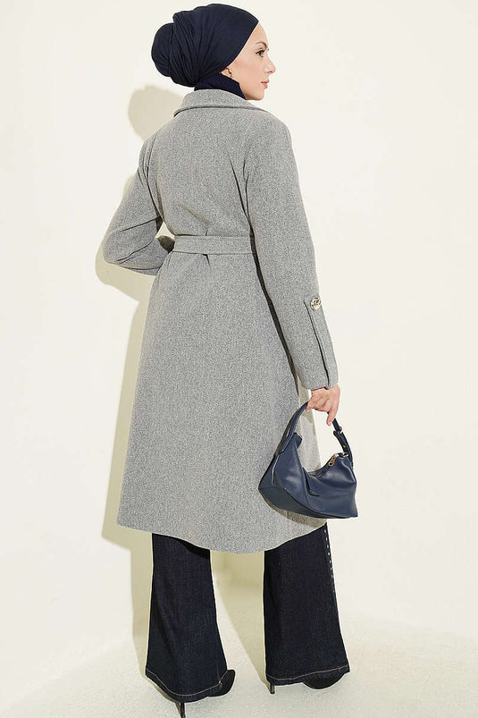 Cappotto Di Lana Grigio Con Bottoni E Cintura