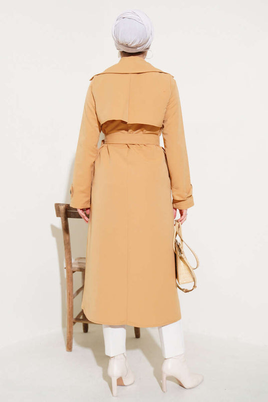 All Button Detailed Belted Trench Coat Camel