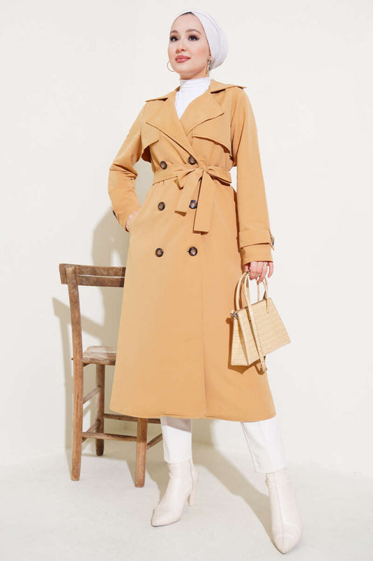 All Button Detailed Belted Trench Coat Camel