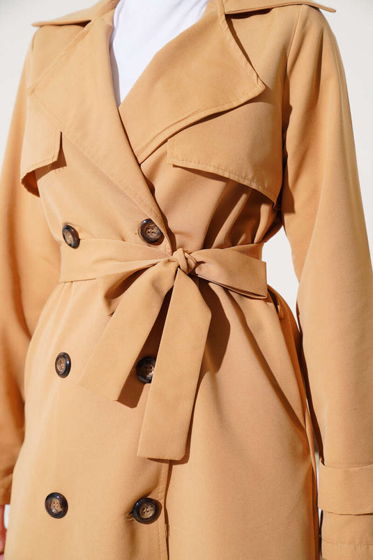 All Button Detailed Belted Trench Coat Camel