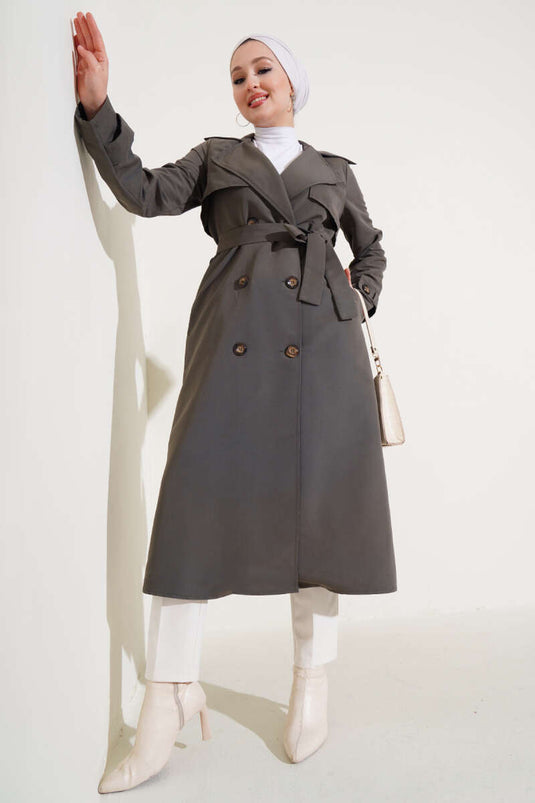 Button Detailed Belted Trench Coat Khaki