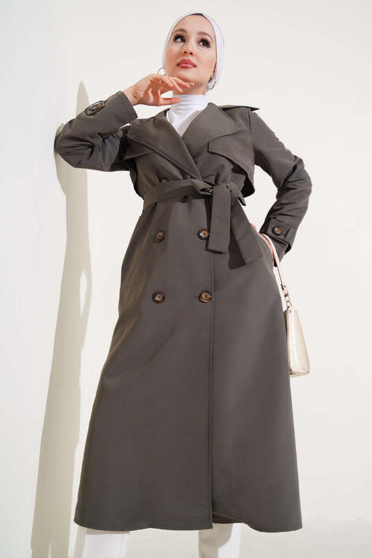 Button Detailed Belted Trench Coat Khaki