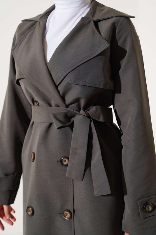 Button Detailed Belted Trench Coat Khaki