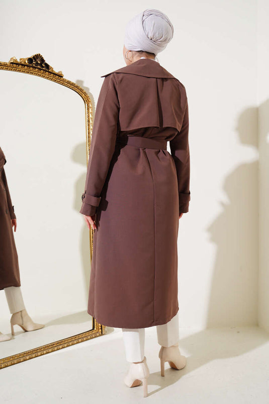 Button Detailed Belted Trench Coat Brown