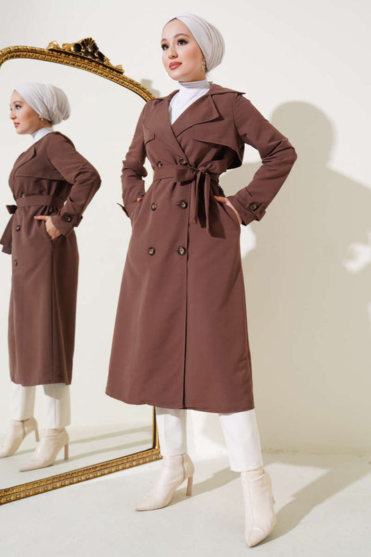 Button Detailed Belted Trench Coat Brown