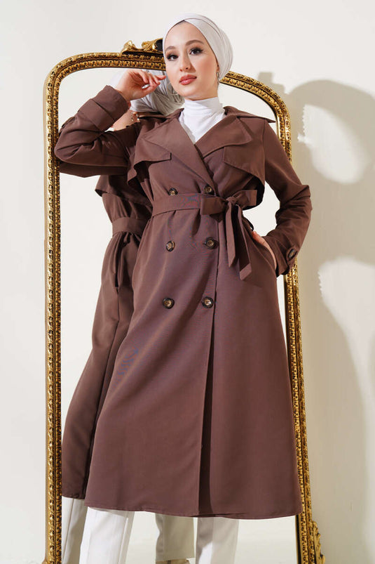 Button Detailed Belted Trench Coat Brown