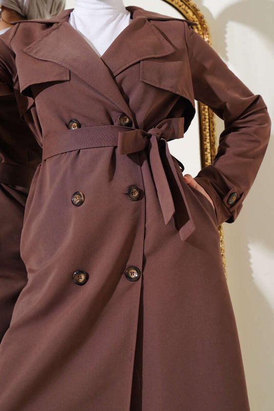 Button Detailed Belted Trench Coat Brown