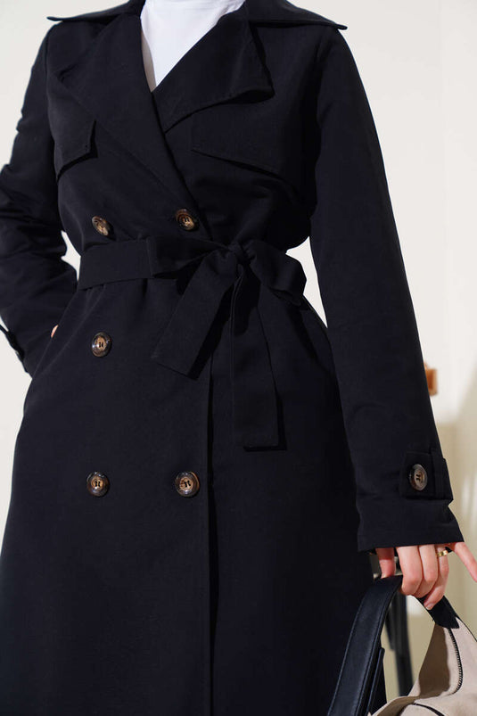 All Button Detailed Belted Trench Coat Black