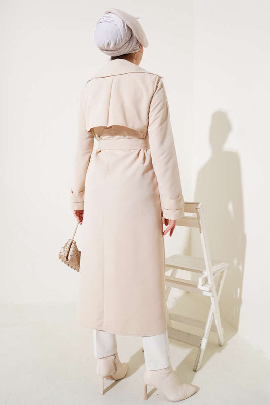 All Button Detailed Belted Trench Coat Stone