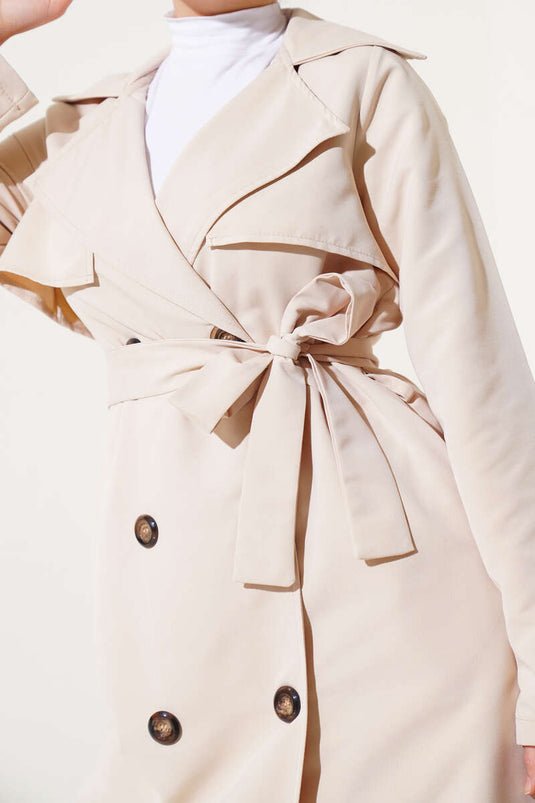 All Button Detailed Belted Trench Coat Stone