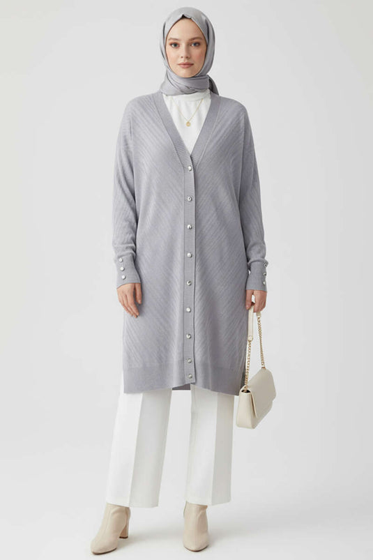 Long Sleeve Button Detailed Knit Cardigan Gray