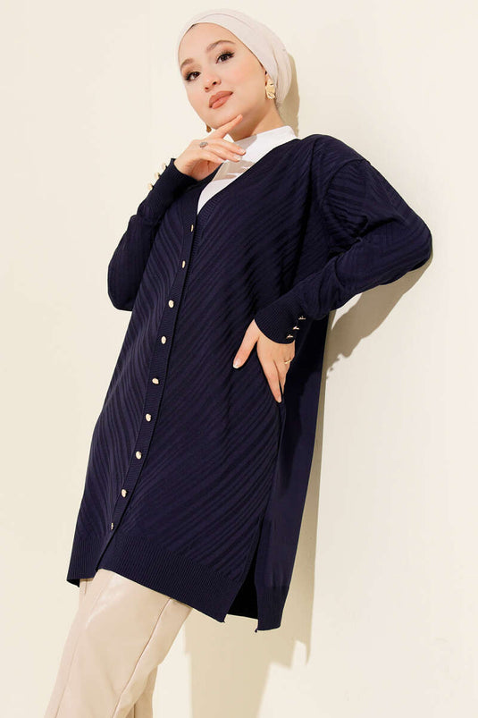 Knitted Cardigan with Sleeve Button Detail Navy Blue