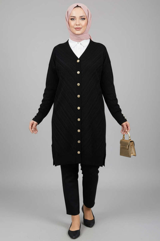 Black Knit Cardigan with Sleeve Button Detail