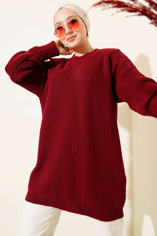 Knitted Tunic with Cufflinks Detail, Burgundy