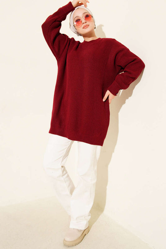 Knitted Tunic with Cufflinks Detail, Burgundy