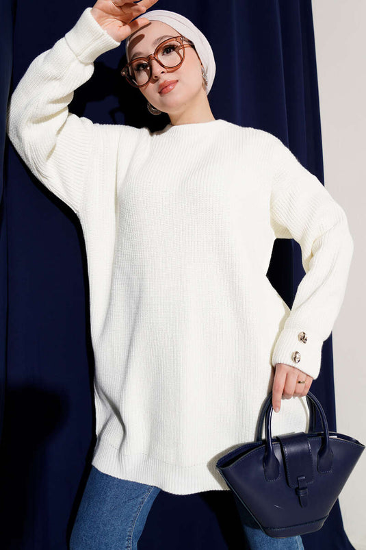 Knitted Tunic with Cufflinks Detail in Ecru
