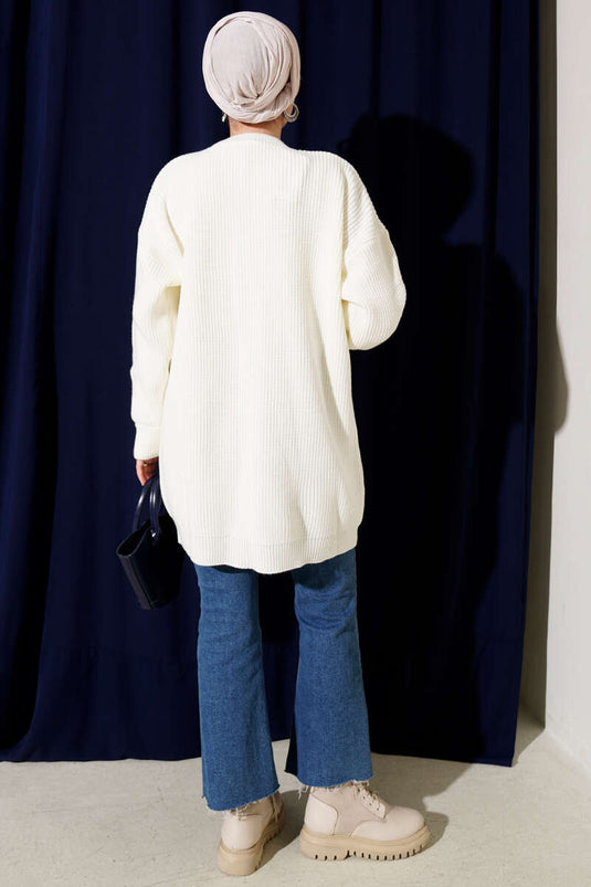 Knitted Tunic with Cufflinks Detail in Ecru