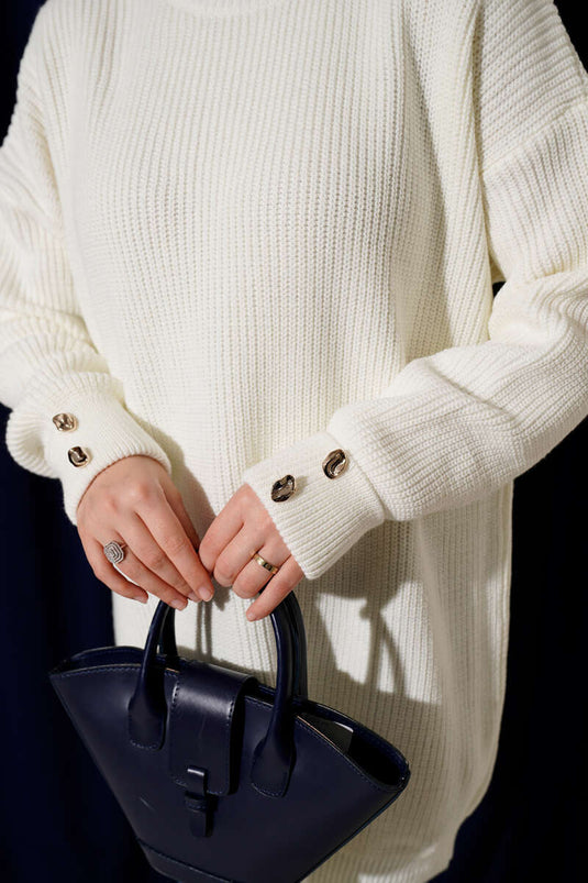 Knitted Tunic with Cufflinks Detail in Ecru