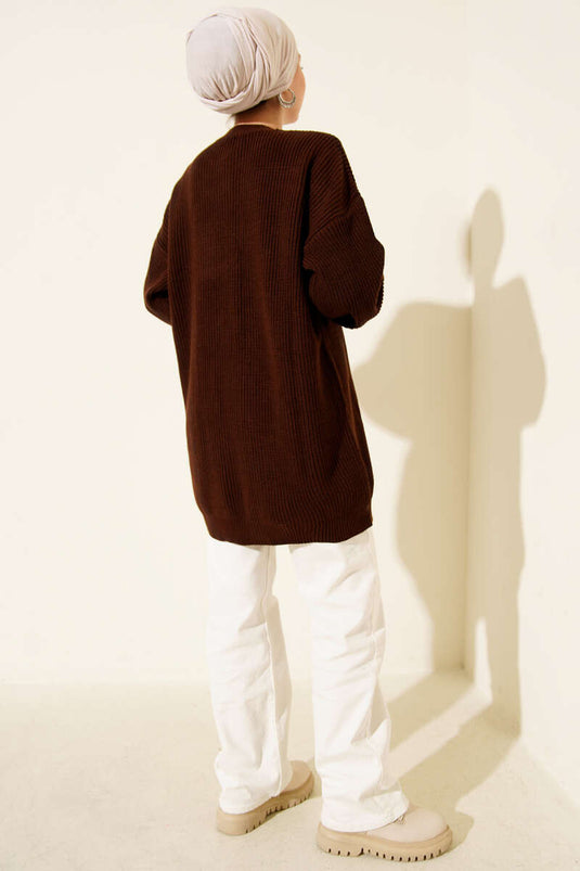 Knitted Tunic with Cufflinks Detail, Brown