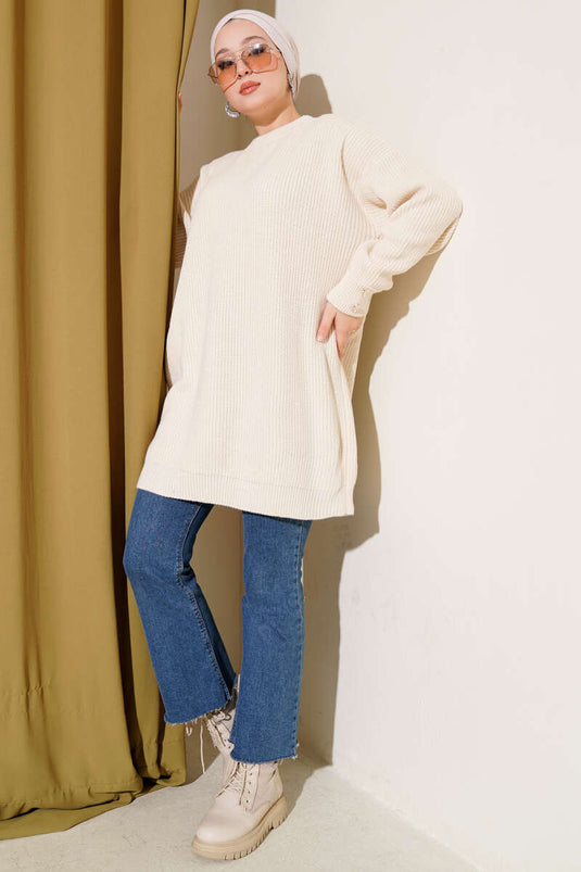 Knitted Tunic with Cufflinks in Cream