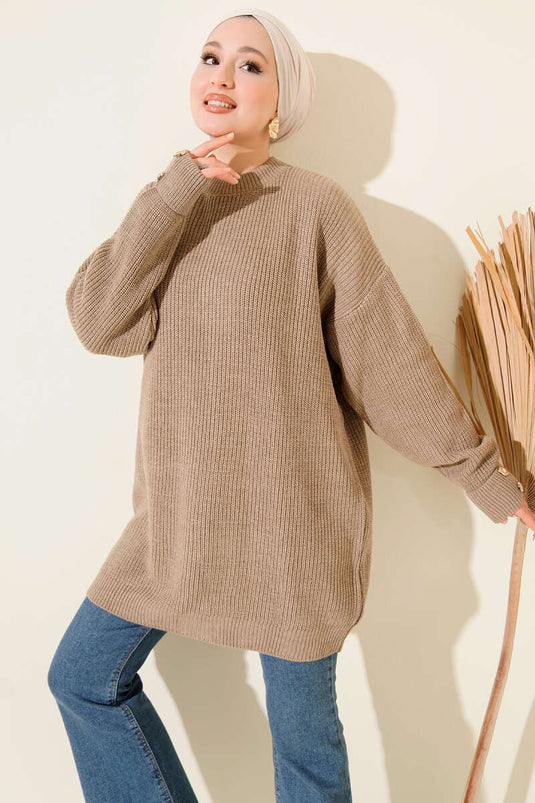 Kol Düğme Detaylı Triko Tunik Vizon