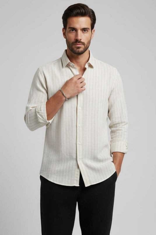 Chemise en lin pour homme à rayures avec boutons Kol, crème