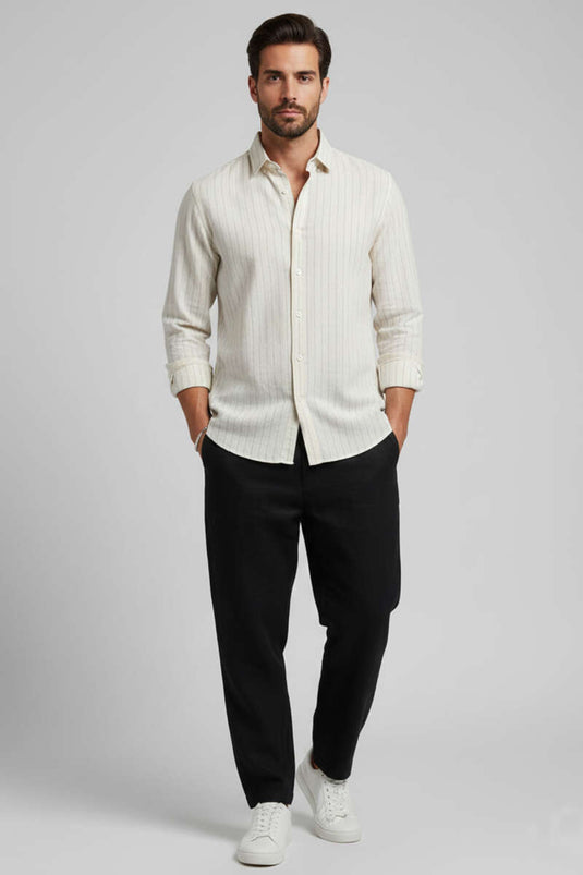 Chemise en lin pour homme à rayures avec boutons Kol, crème