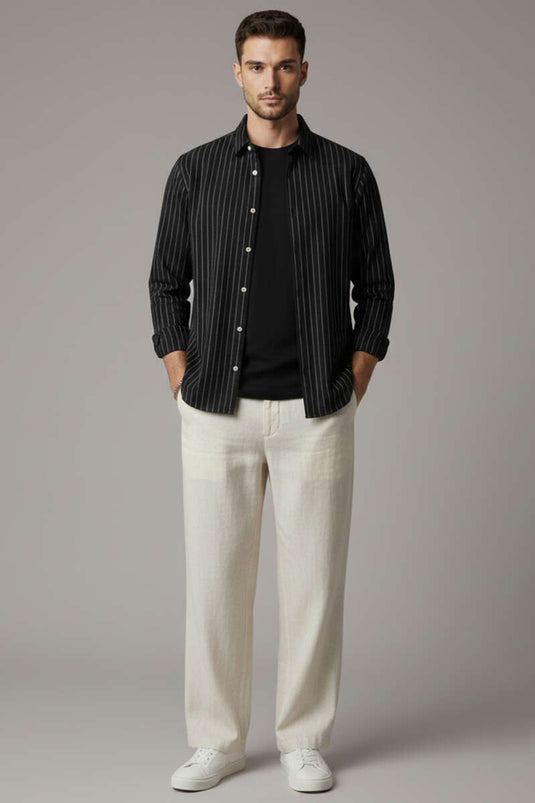 Chemise en lin rayée pour homme avec boutons noirs