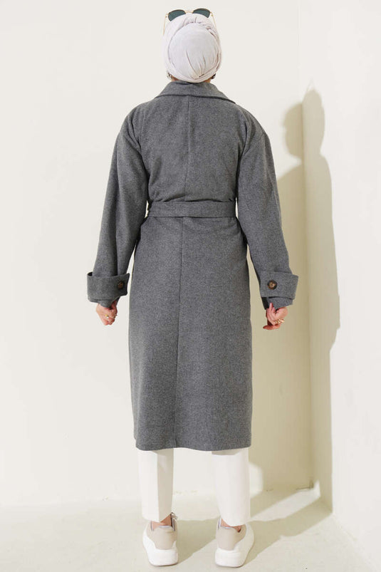 Buttoned-Sleeve Tweed Coat in Smoke