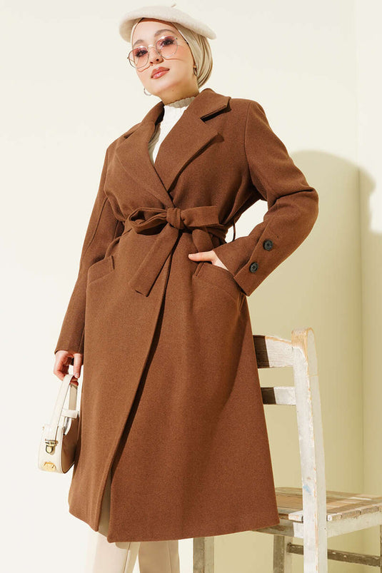 Light Brown Cashmere Coat with Cufflinks and Belt