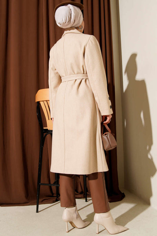 Beige Cashmere Coat with Cufflinks and Belt