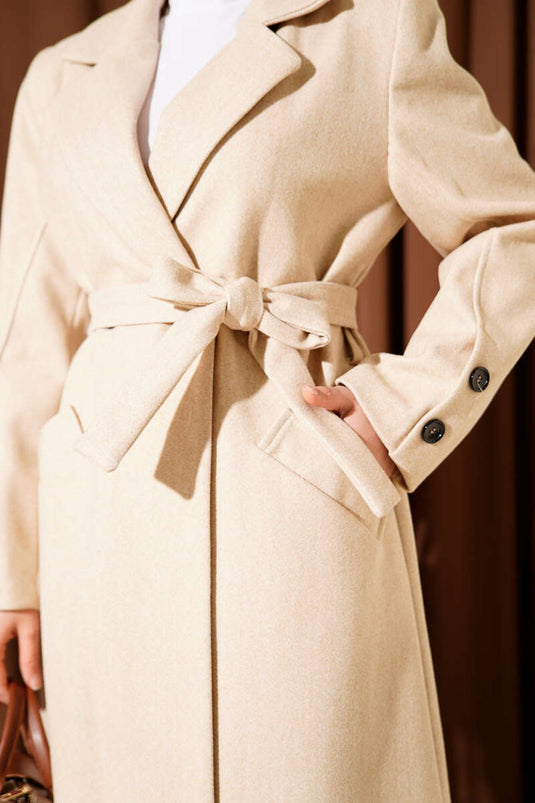 Beige Cashmere Coat with Cufflinks and Belt
