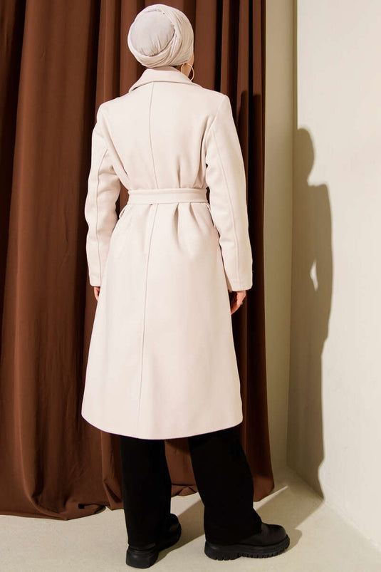 Kol Düğmeli Kuşaklı Kaşe Kaban Fil Dişi