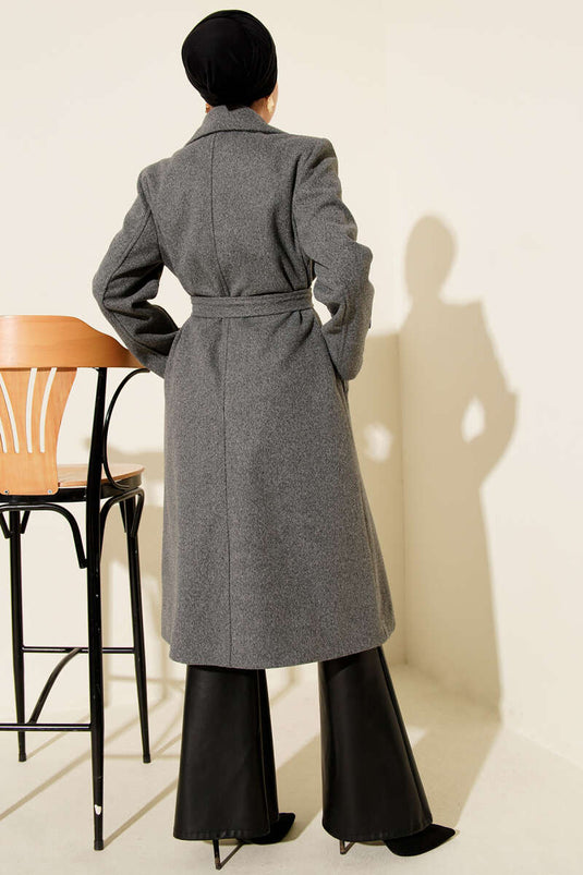 Wool Coat with Sleeve Buttons and Belt, Smoke Gray