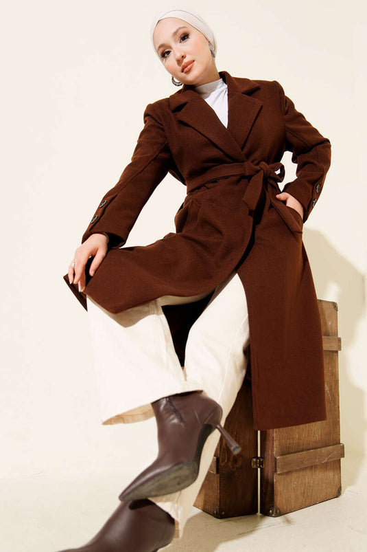 Cashmere Coat with Cufflinks and Belt, Brown