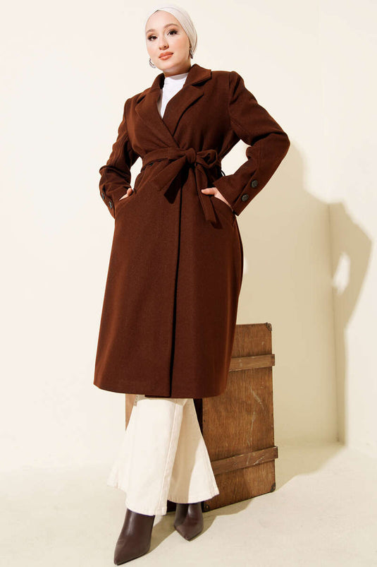 Cashmere Coat with Cufflinks and Belt, Brown