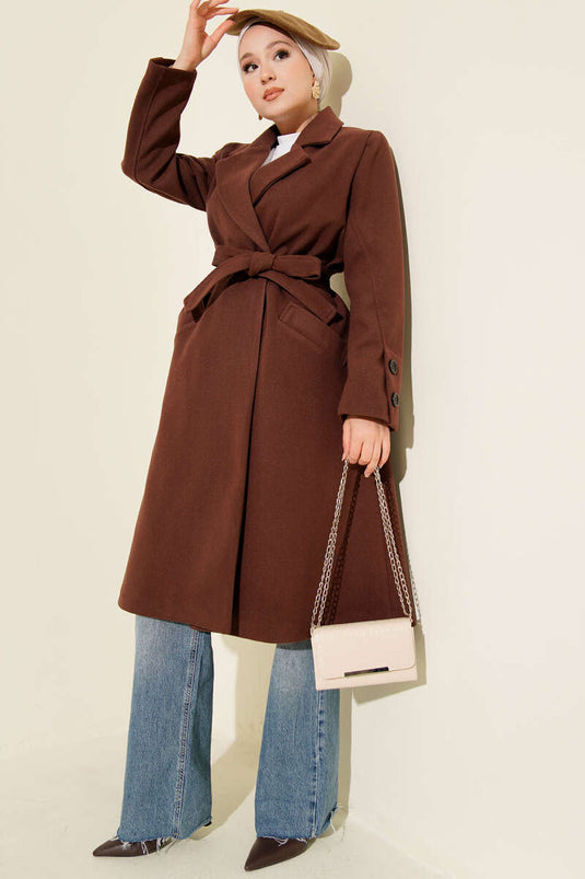 Chestnut Cashmere Coat with Cufflinks and Belt