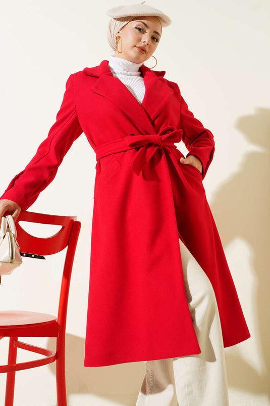 Red Cashmere Coat with Cufflinks and Belt