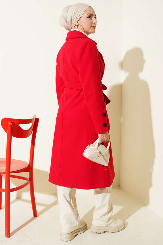 Red Cashmere Coat with Cufflinks and Belt