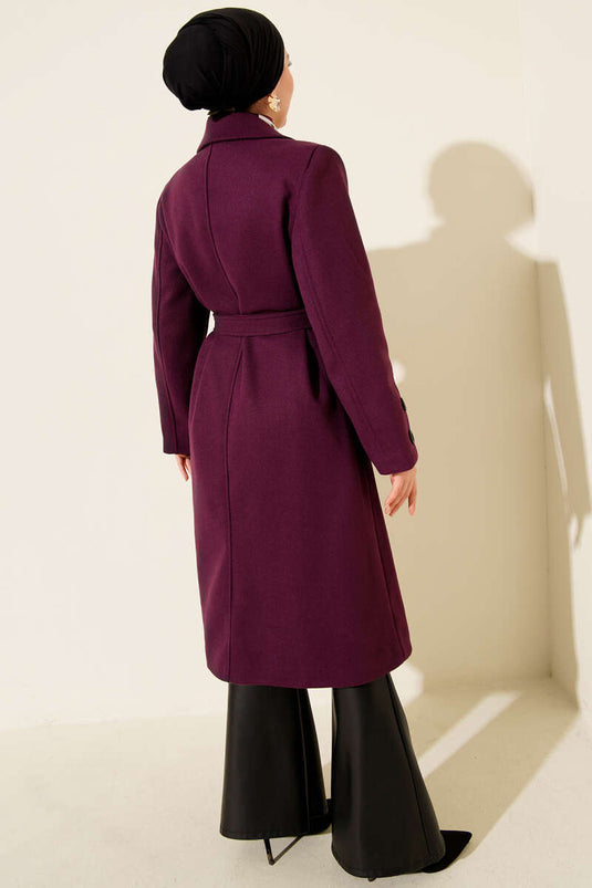 Purple Cashmere Coat with Cufflinks and Belt