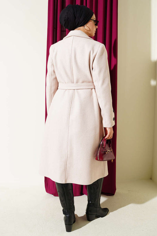 Kol Düğmeli Kuşaklı Kaşe Kaban Pudra