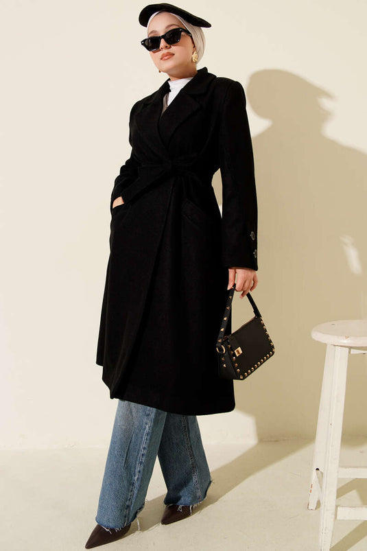 Black Cashmere Coat with Cufflinks and Belt